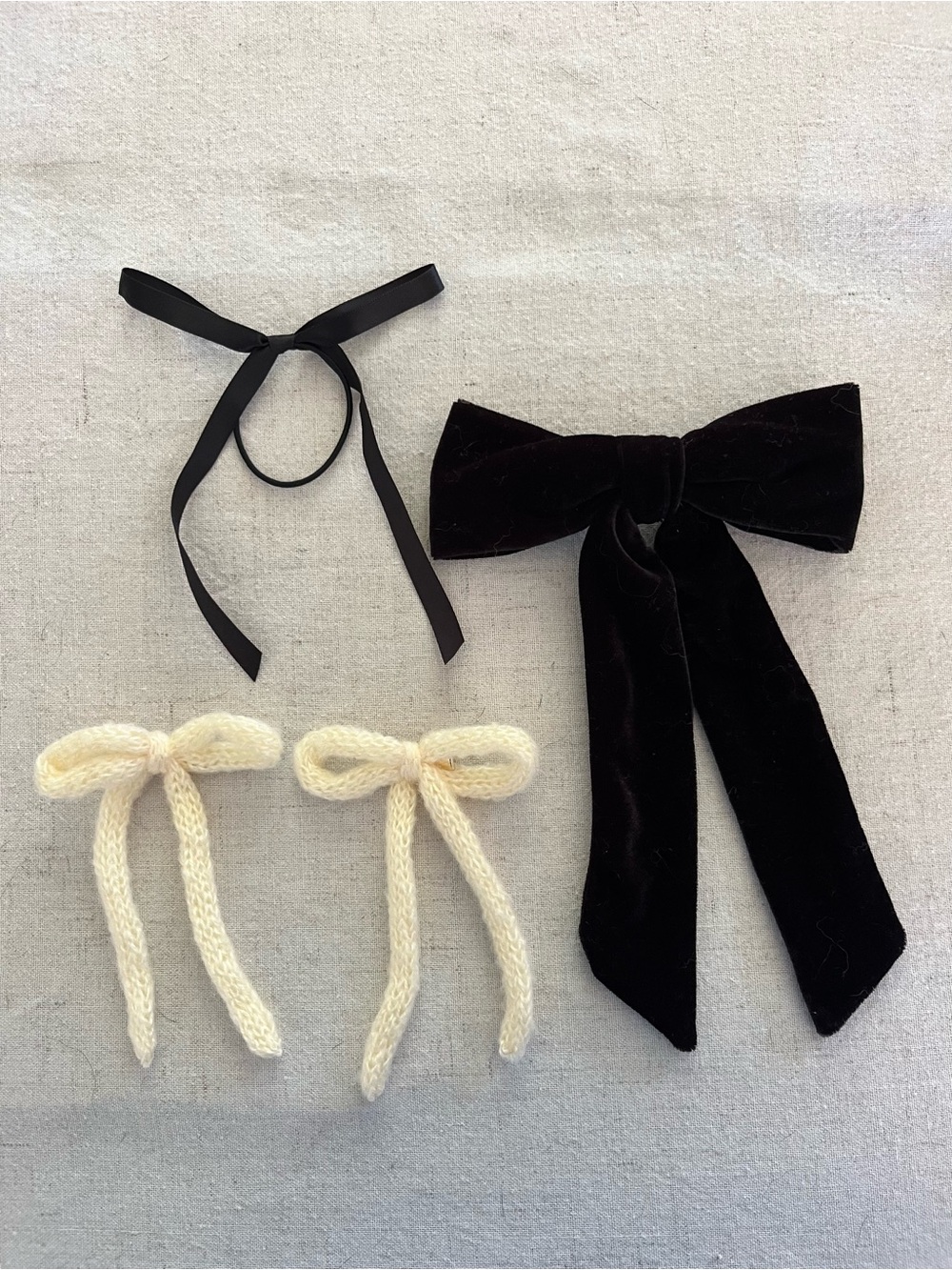 Set of 4 Hair Bows: Black Velvet/Satin & Cream Knit Coquette Accessories